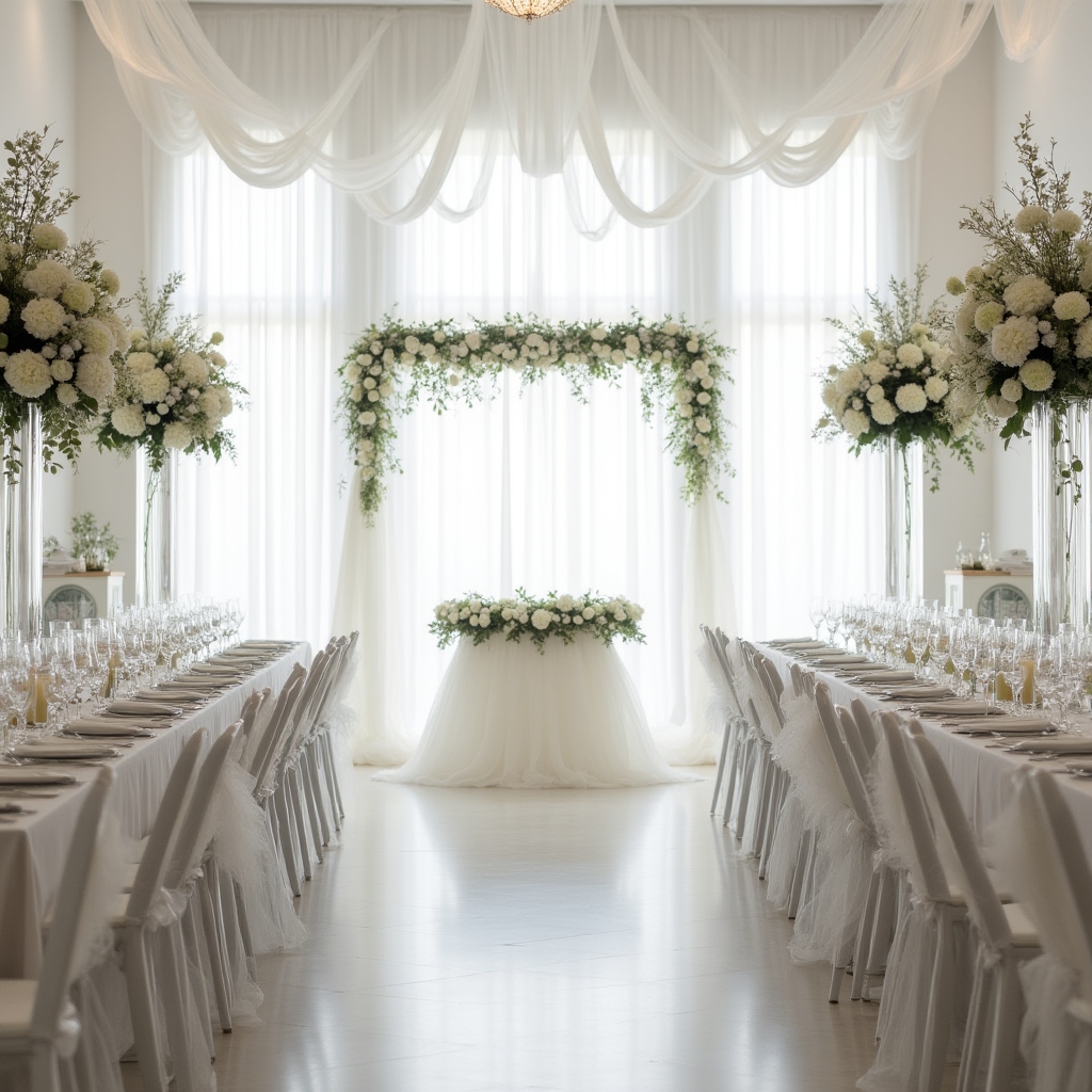 Decor elegant pentru botez cu aranjamente florale albe