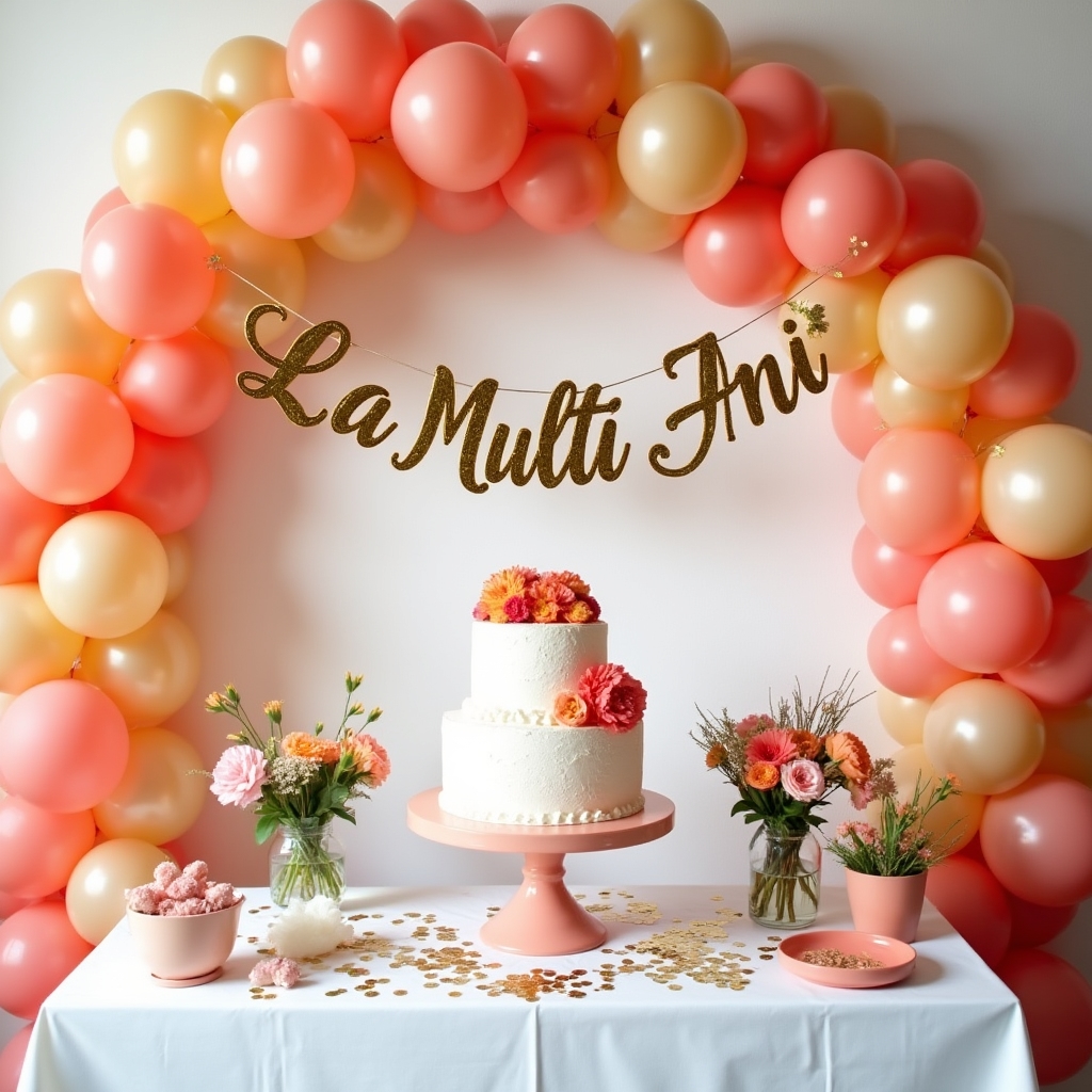 Decor personalizat pentru petrecere aniversară cu baloane și flori